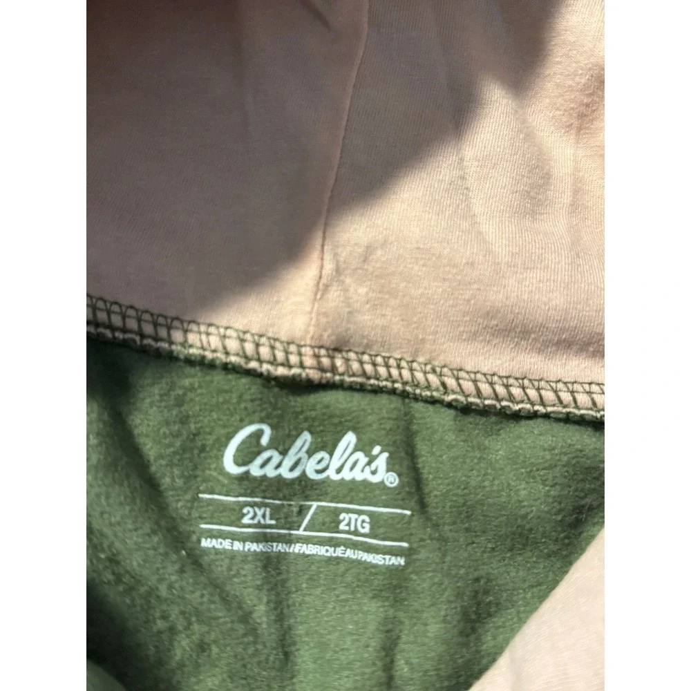 Cabela's Mens 2XL Olive Green Pullover Hoodie Pink Script Logo Fleece Sweatshirt